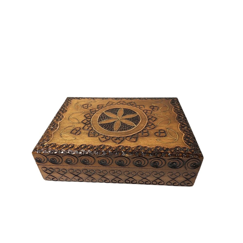 Wooden Carved Trinket Jewelry Box Hinged